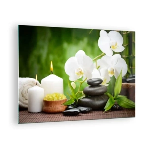 Glasbild - Bild auf glas - Spa mit Orchideen, Steinen und Kerzen vor grünem Hintergrund - 70x50cm - Duftige, blumige, zarte Berührung - Moderne Wanddekoration für Wohnzimmer und Schlafzimmer ARTTOR