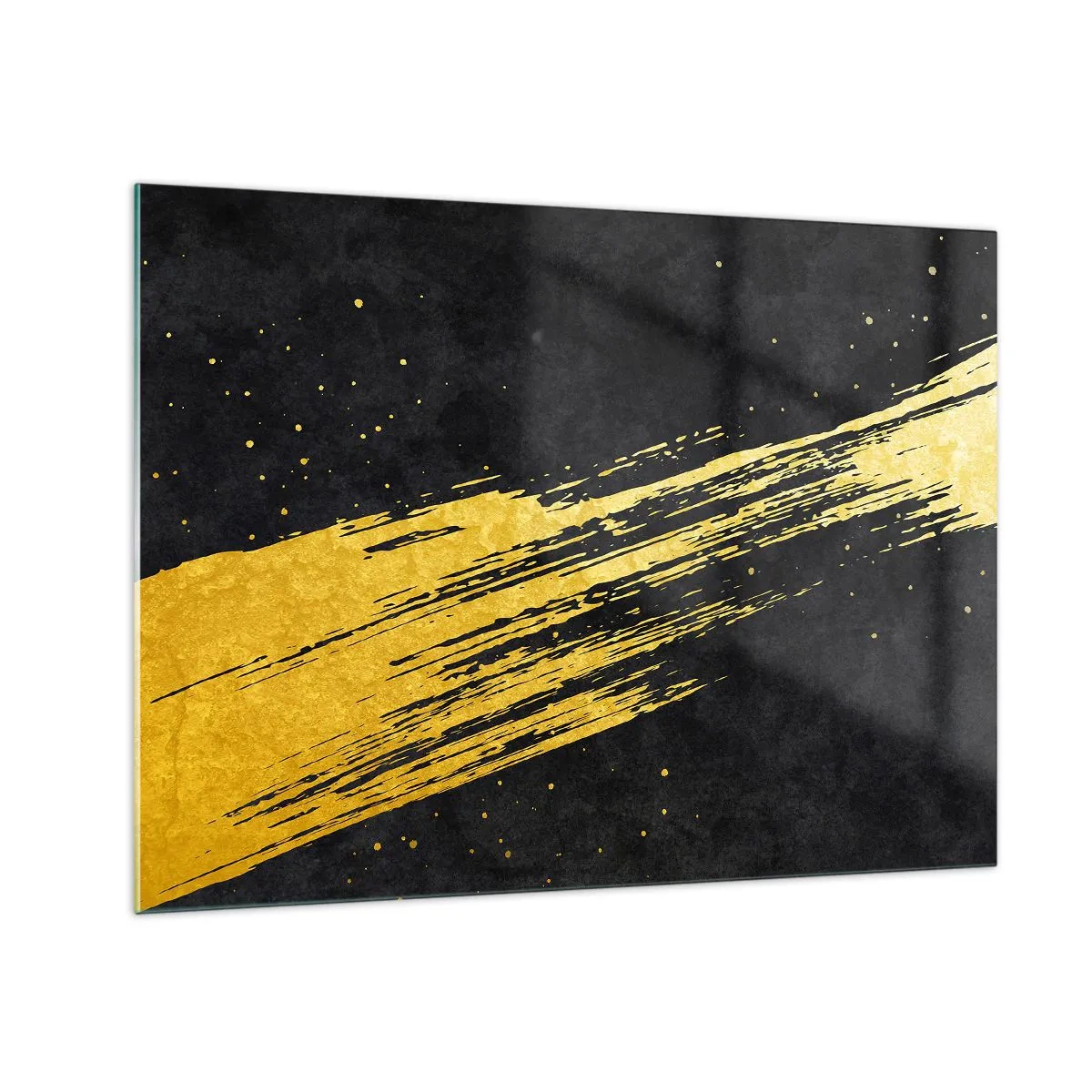 Glasbild - Bild auf glas - Ein goldener Pinsel auf schwarzem Hintergrund in dynamischer, abstrakter Form - 70x50cm - Sprung in den Hyperraum - Moderne Wanddekoration für Wohnzimmer und Schlafzimmer ARTTOR