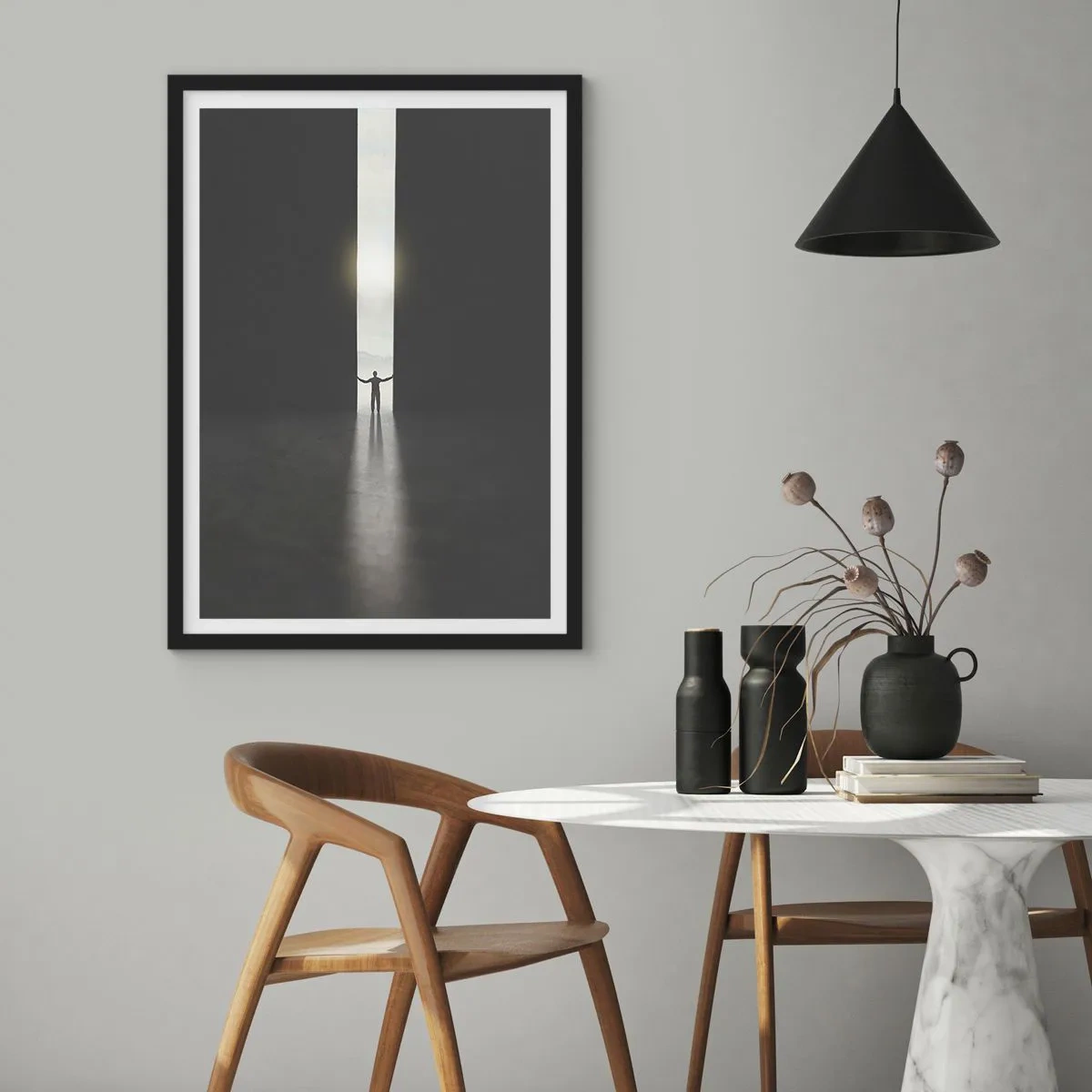 Poster in einem schwarzem Rahmen - Ein Mann steht im Licht eines Risses in einer dunklen Umgebung - 50x70cm - Ein Schritt in eine strahlende Zukunft - Moderne Wanddekoration für Wohnzimmer und Schlafzimmer ARTTOR