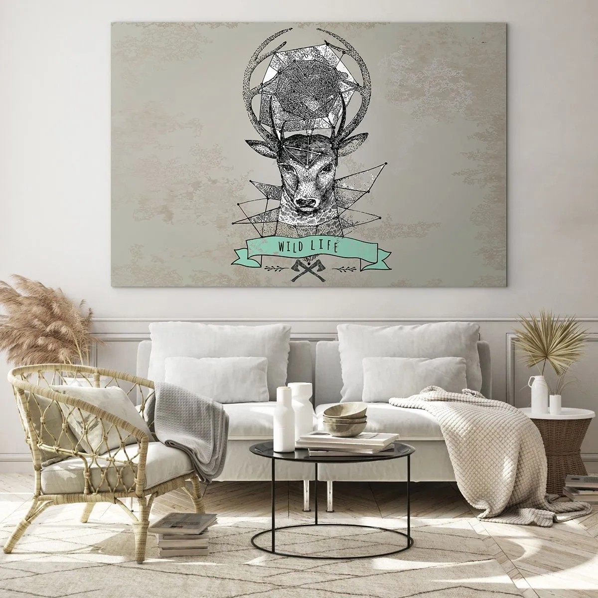 Glasbild - Bild auf glas - Geometrische Zeichnung eines Hirsches mit der Aufschrift Wild Life - 70x50cm - St. sehen Hubertus - Moderne Wanddekoration für Wohnzimmer und Schlafzimmer ARTTOR