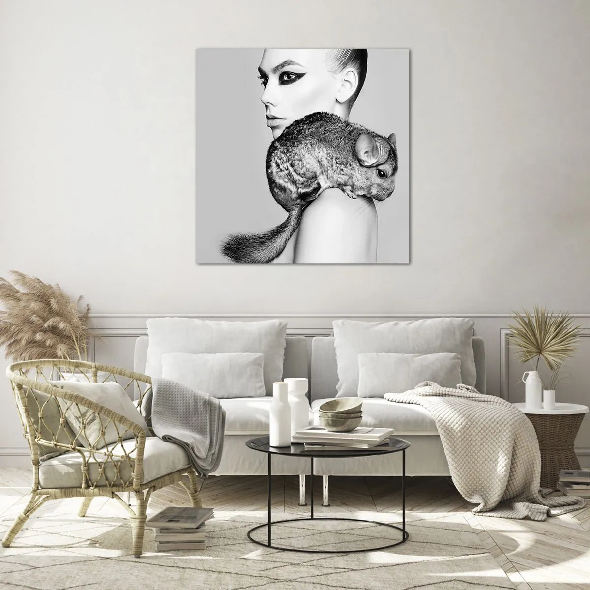 Glasbild - Bild auf glas - Dame mit einem Chinchilla - 40x40 cm