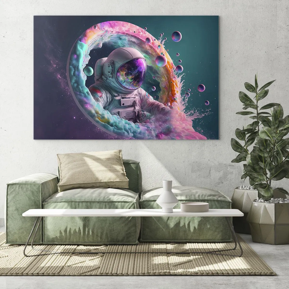 Glasbild - Bild auf glas - Astronaut im farbenfrohen Weltraum - 70x50cm - Sternentor - Moderne Wanddekoration für Wohnzimmer und Schlafzimmer ARTTOR