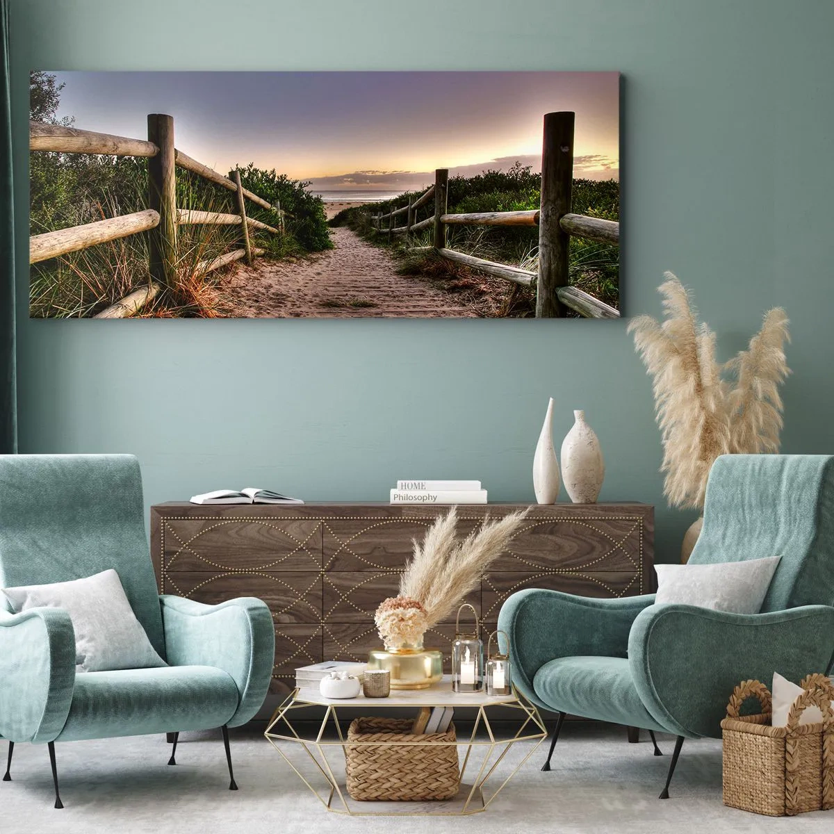 Bild auf Leinwand - Leinwandbild - Holzweg in den Dünen, der bei Sonnenuntergang zum Strand führt - 120x50cm - Das Ziel ist bereits sichtbar - Moderne Wanddekoration für Wohnzimmer und Schlafzimmer ARTTOR