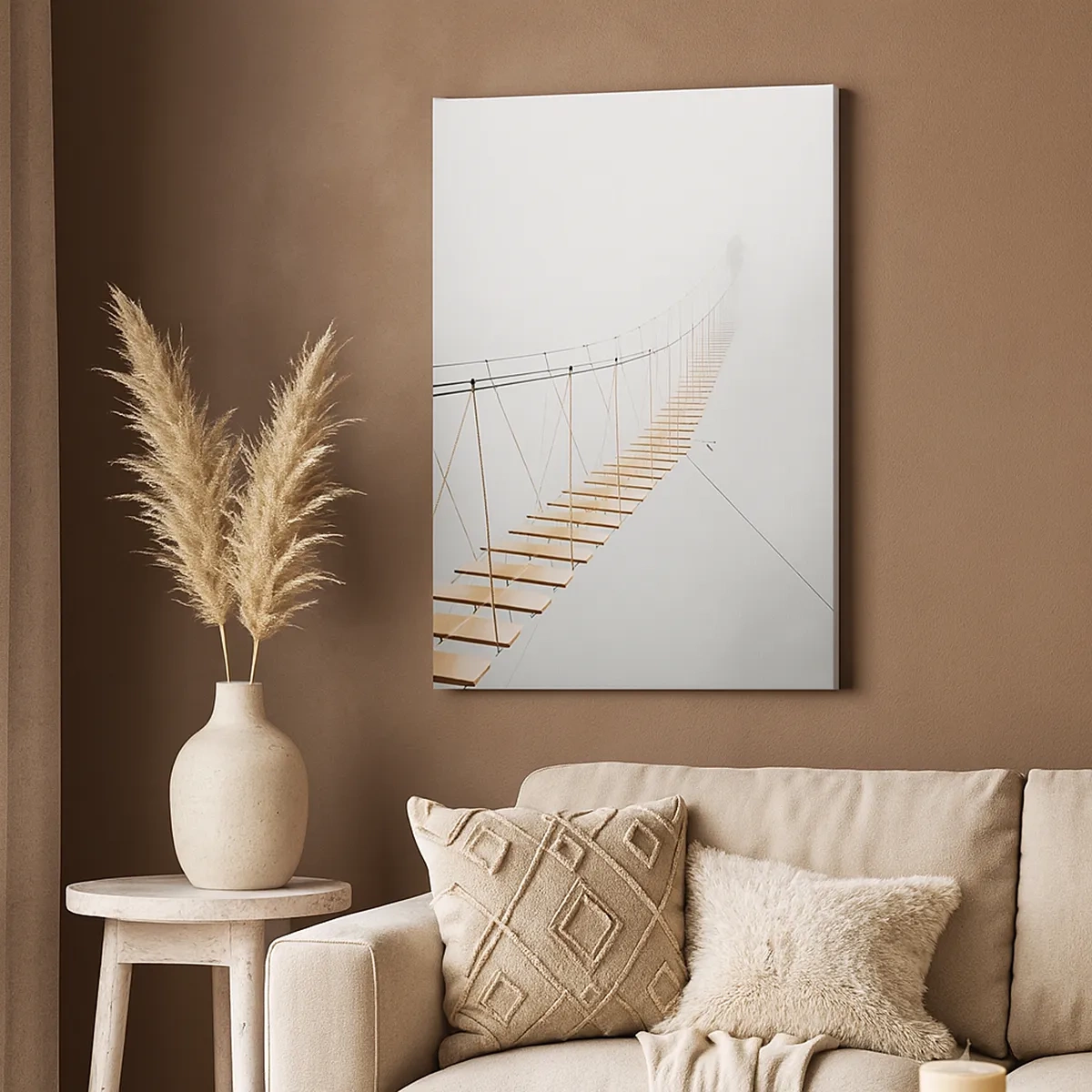 Bild auf Leinwand - Leinwandbild - Eine Hängebrücke im Nebel aus minimalistischer Perspektive - 50x70cm - Wohin wird es dich führen? - Moderne Wanddekoration für Wohnzimmer und Schlafzimmer ARTTOR