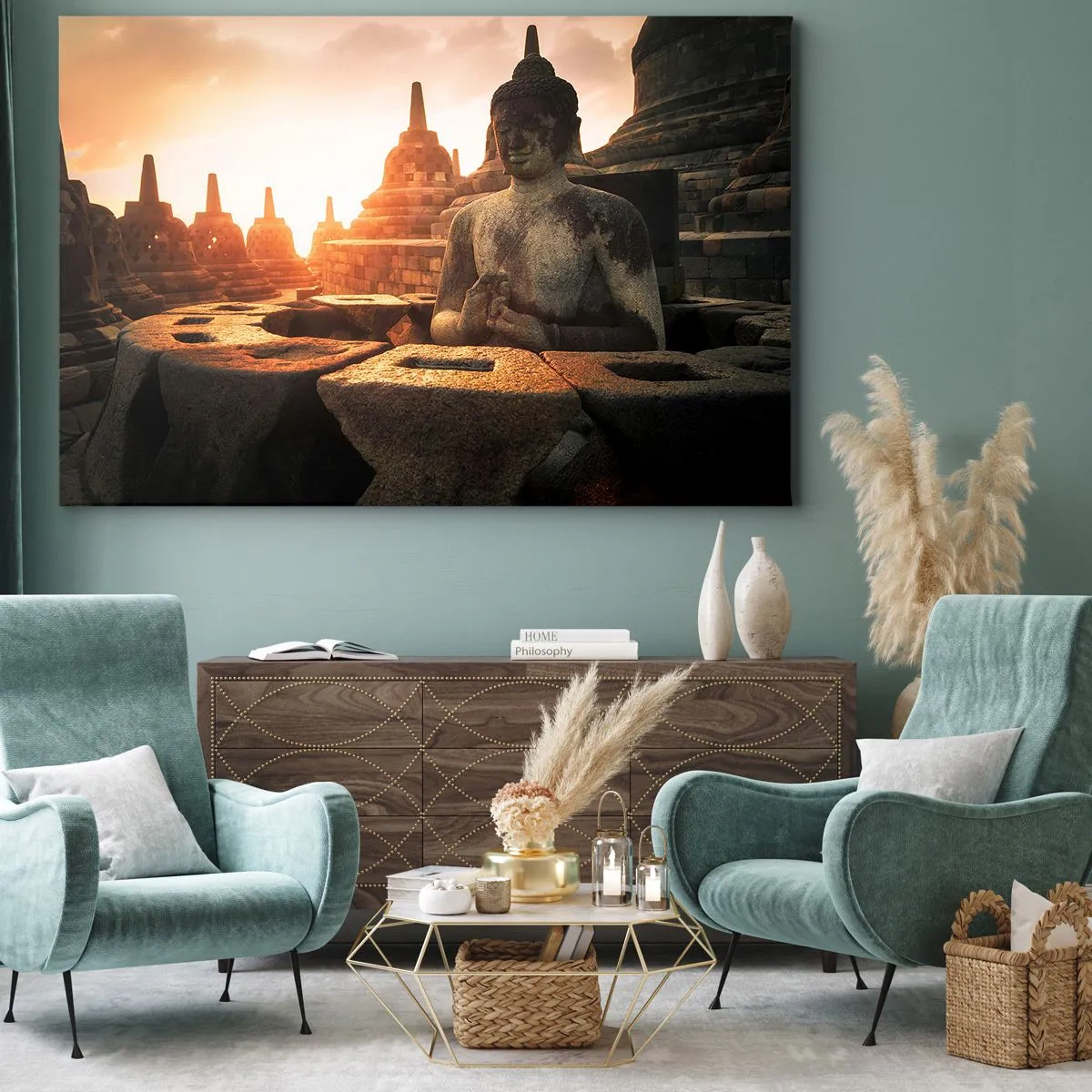 Bild auf Leinwand - Leinwandbild - Buddha-Statue im Borobudur-Tempel bei Sonnenuntergang - 120x80cm - Wetter der großen Weisheit - Moderne Wanddekoration für Wohnzimmer und Schlafzimmer ARTTOR