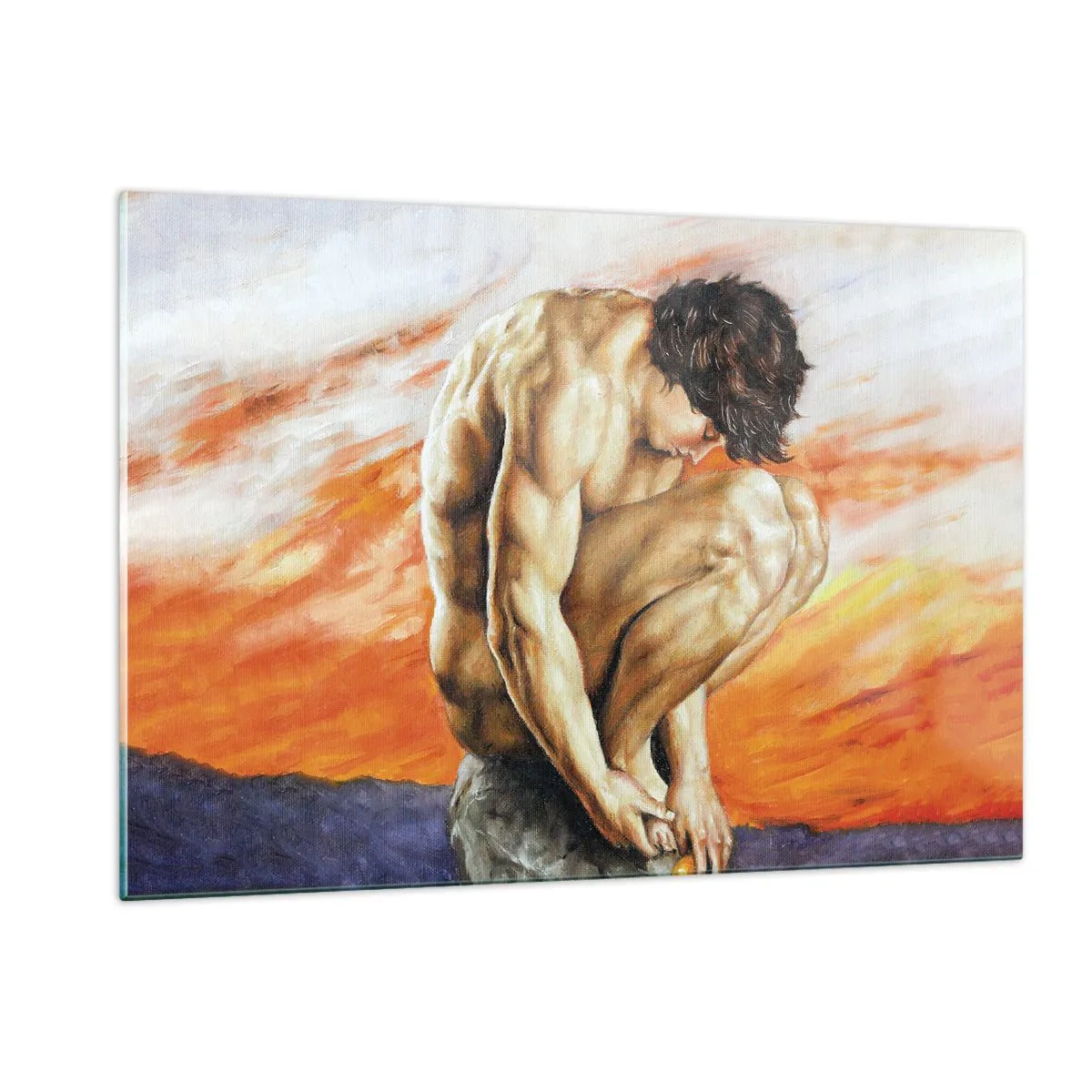 Glasbild - Bild auf glas - Ein nackter menschlicher Körper vor einem intensiv orangefarbenen Himmel. - 120x80cm - In sich versunken - Moderne Wanddekoration für Wohnzimmer und Schlafzimmer ARTTOR