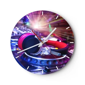 Wanduhr - Glasuhr - DJ-Kopfhörer und Konsole im bunten Scheinwerferlicht - 30x30cm - Es wird, es wird passieren - Moderne Wanddekoration für Wohnzimmer, Küche und Schlafzimmer ARTTOR