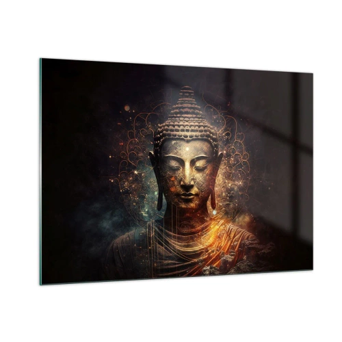 Glasbild - Bild auf glas - Eine goldene Buddhafigur auf dunklem Hintergrund mit Ornamenten - 100x70cm - Spirituelles Gleichgewicht - Moderne Wanddekoration für Wohnzimmer und Schlafzimmer ARTTOR