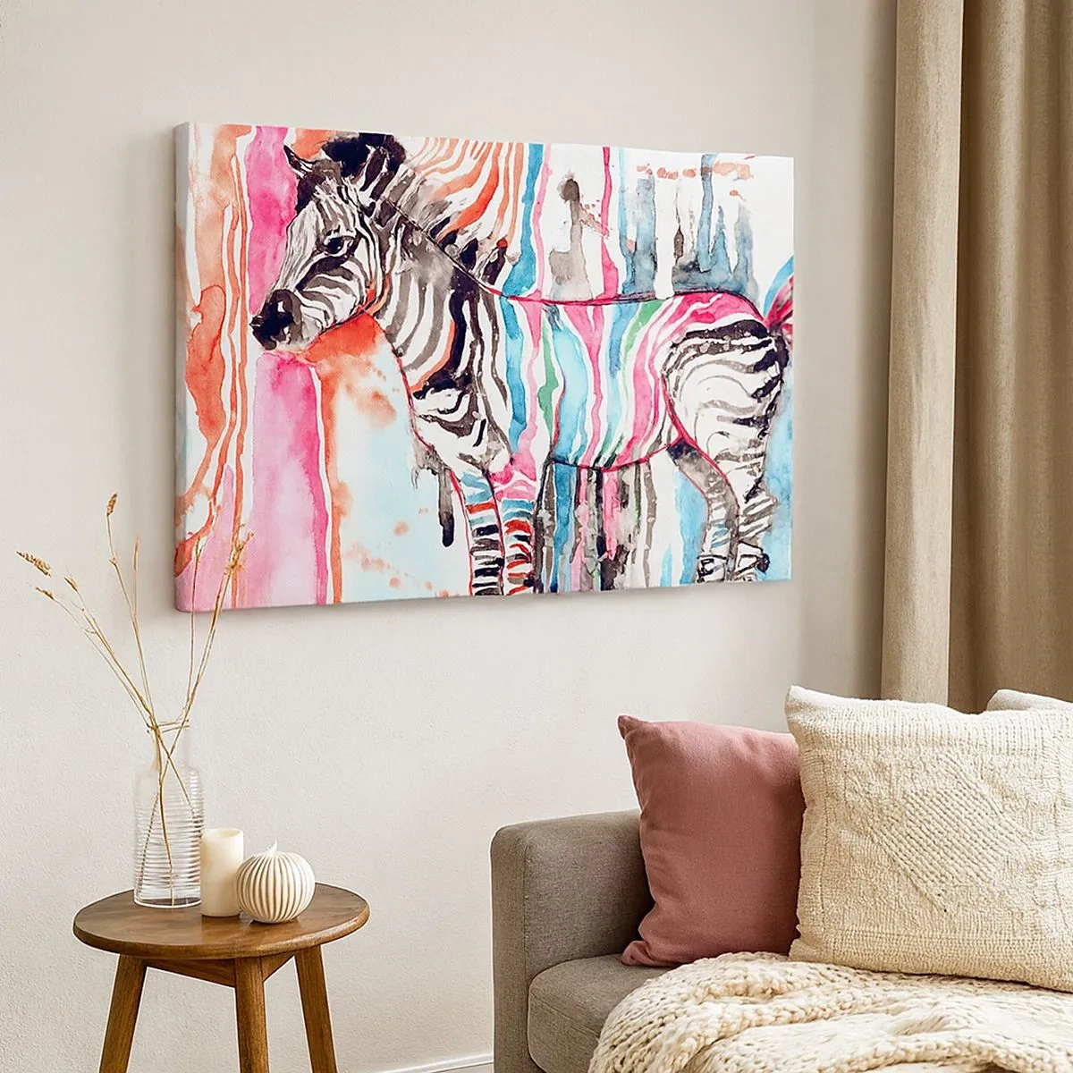 Bild auf Leinwand - Leinwandbild - Ein buntes Zebra vor einem Hintergrund aus abstrakten Aquarellmustern - 70x50cm - Unbeschwerter Witz der Natur - Moderne Wanddekoration für Wohnzimmer und Schlafzimmer ARTTOR