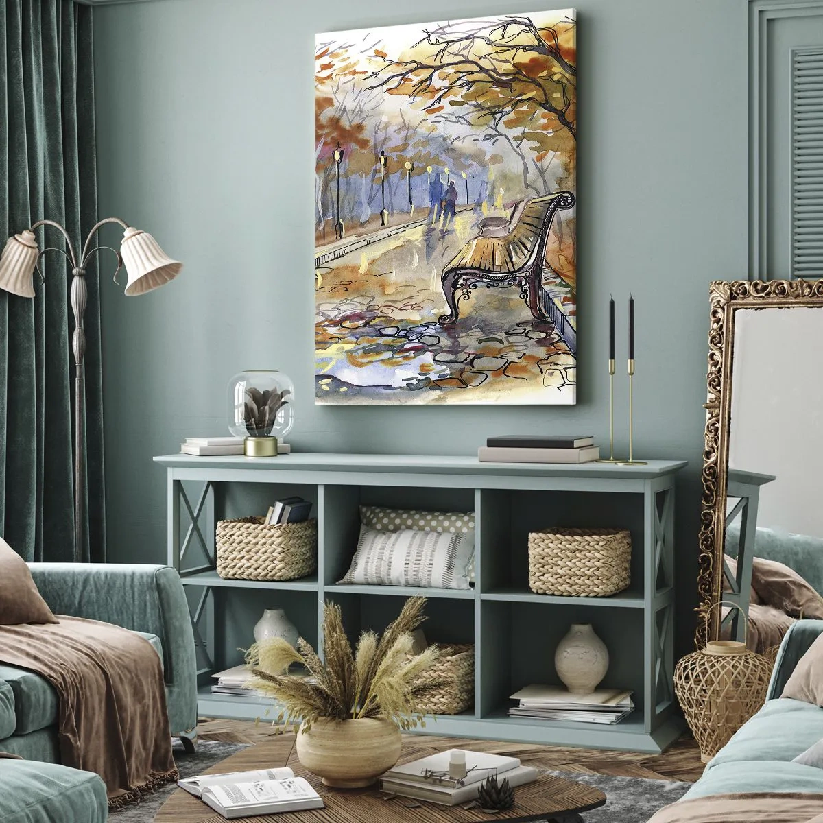 Bild auf Leinwand - Leinwandbild - Ein herbstlicher Park mit einer Bank in Aquarell - 50x70cm - Gemeinsam im Herbst wandern - Moderne Wanddekoration für Wohnzimmer und Schlafzimmer ARTTOR