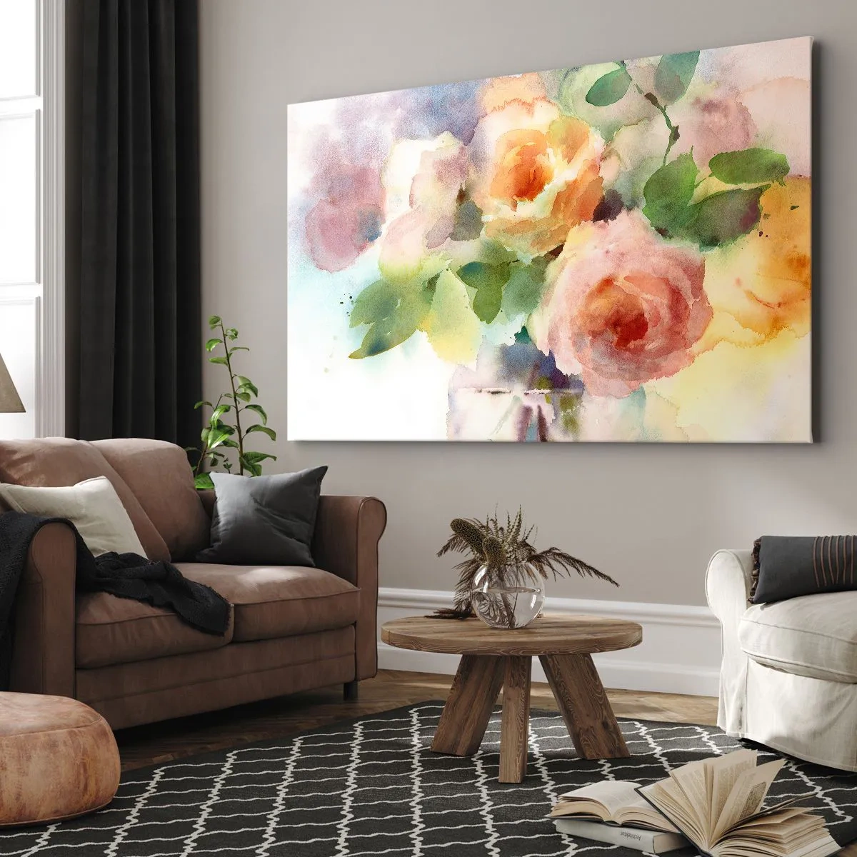 Bild auf Leinwand - Leinwandbild - Zarte Rosen im Aquarell-Stil auf hellem Hintergrund - 120x80cm - Zart wie Aquarell - Moderne Wanddekoration für Wohnzimmer und Schlafzimmer ARTTOR