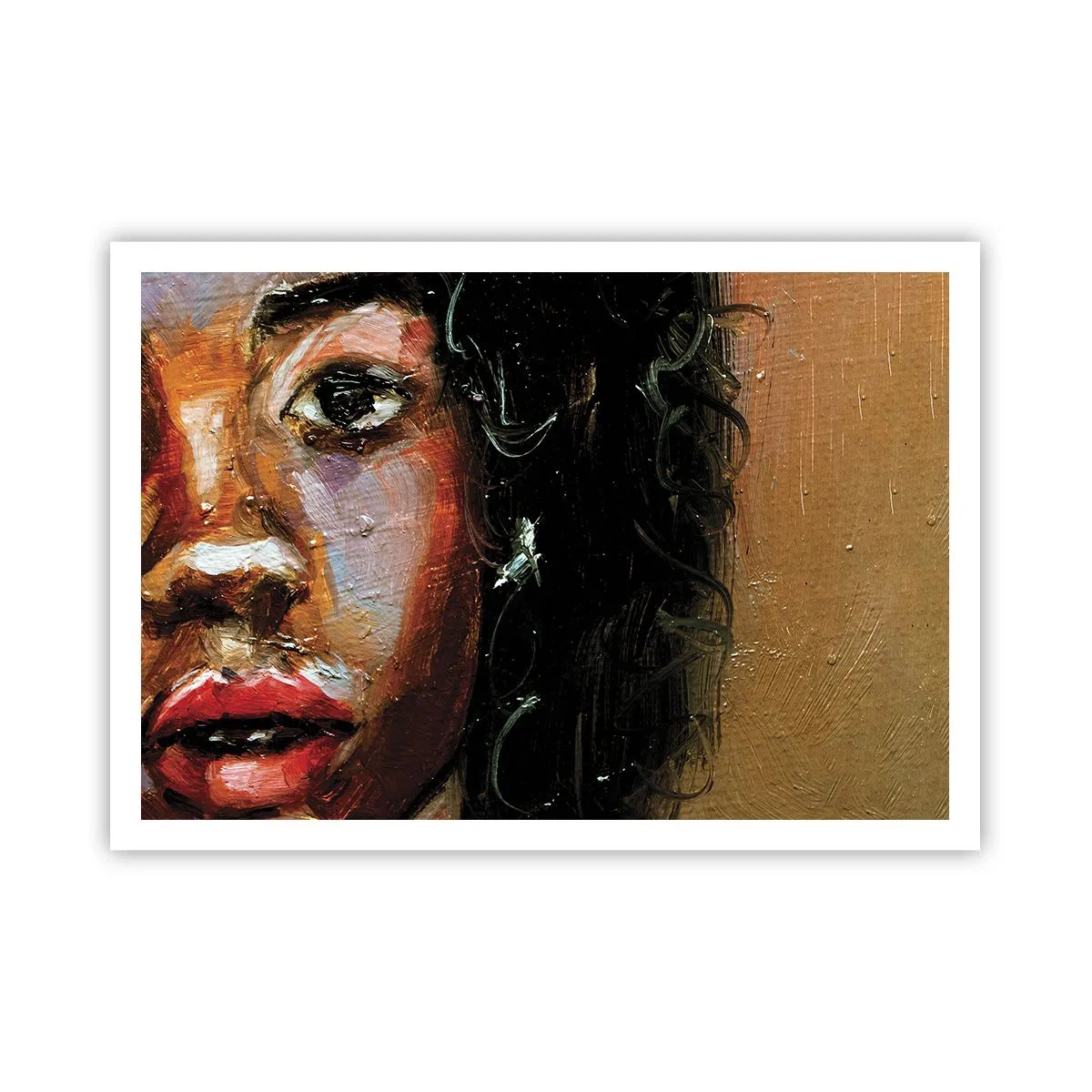 Poster - Ein ausdrucksstarkes Frauenporträt in intensiven Farben. - 100x70cm - Schwarz und Glanz - Moderne Wanddekoration für Wohnzimmer und Schlafzimmer ARTTOR