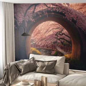 Fototapete Premium Sand - Japanischer Frühling - Brücke, Japan, Japanische Kirsche - 100x70 cm