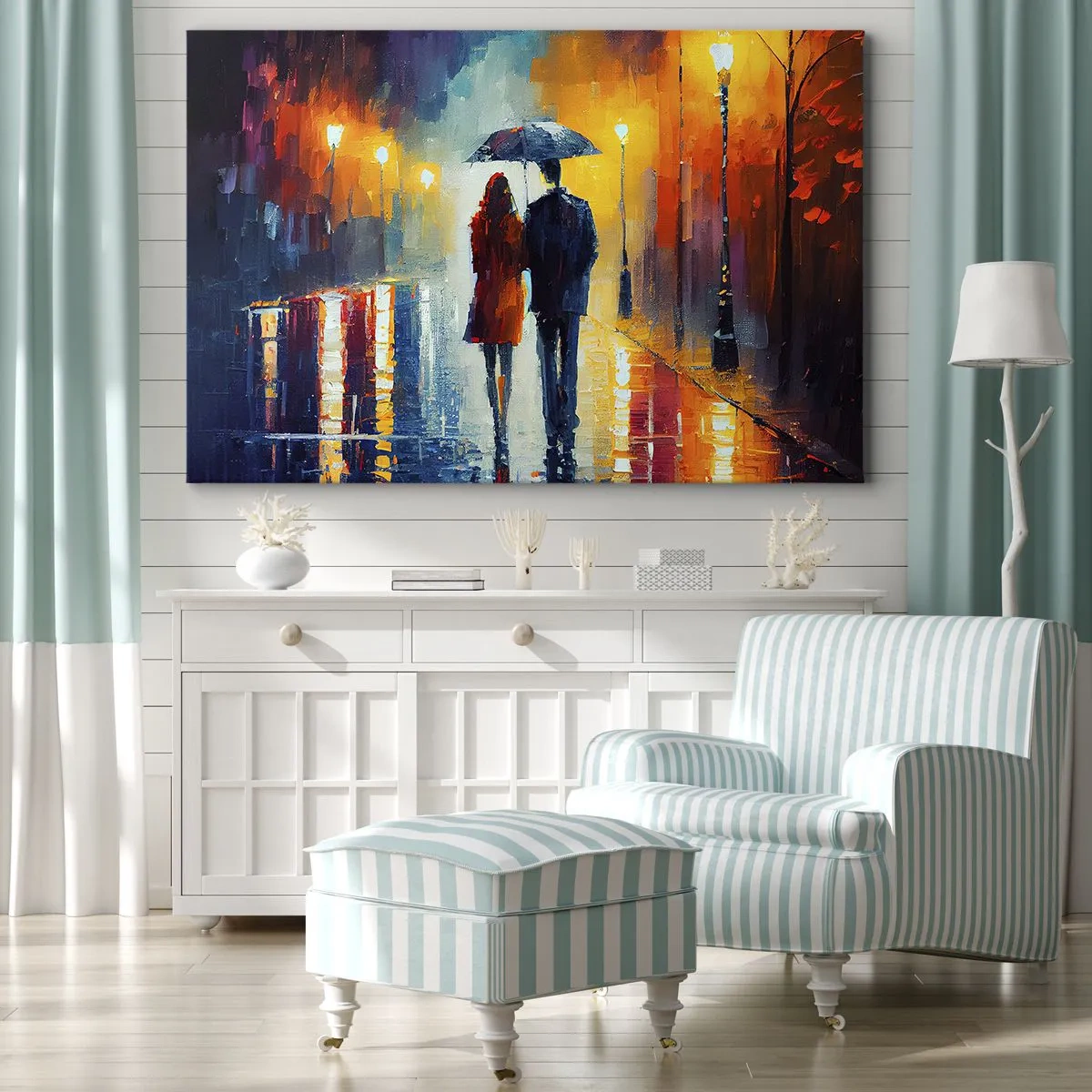 Bild auf Leinwand - Leinwandbild - Ein Paar unter einem Regenschirm, das durch eine farbenfrohe Nachtstadt spaziert - 100x70cm - Gemeinsam – eine bunte Nacht - Moderne Wanddekoration für Wohnzimmer und Schlafzimmer ARTTOR