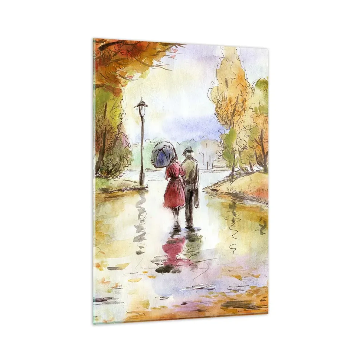 Glasbild - Bild auf glas - Ein Spaziergang im Herbstpark mit einem Regenschirm - 80x120cm - Romantischer Herbst im Park - Moderne Wanddekoration für Wohnzimmer und Schlafzimmer ARTTOR