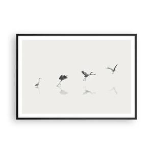 Poster in einem schwarzem Rahmen - Vier Vogelsilhouetten spiegeln sich im ruhigen Wasser - 100x70cm - Vier einfache Schritte - Moderne Wanddekoration für Wohnzimmer und Schlafzimmer ARTTOR