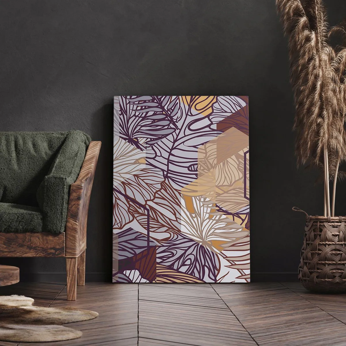 Bild auf Leinwand - Leinwandbild - Ein dekoratives tropisches Blattmuster in Lila-, Orange- und Beigetönen. - 50x70cm - Unmögliche Beziehung zwischen Geometrie und Natur - Moderne Wanddekoration für Wohnzimmer und Schlafzimmer ARTTOR