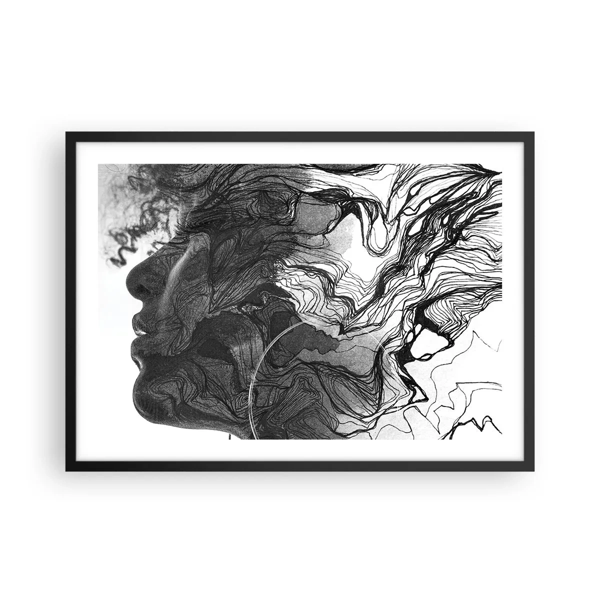 Poster in einem schwarzem Rahmen - Abstraktes Gesicht in Schwarzweiß mit dynamischen Linien. - 70x50cm - Verstrickt in Träume - Moderne Wanddekoration für Wohnzimmer und Schlafzimmer ARTTOR
