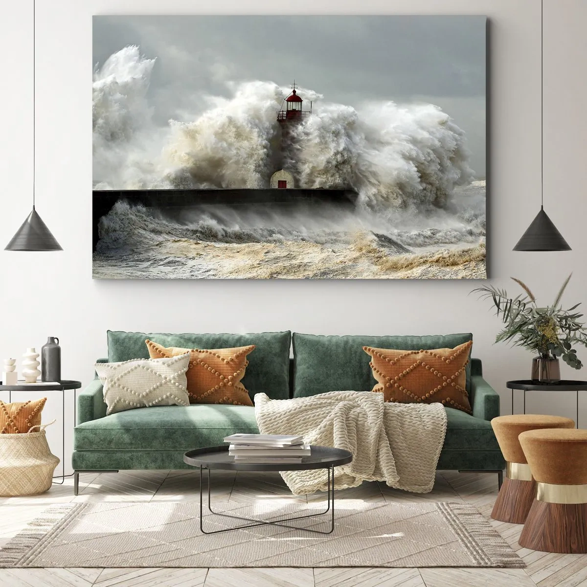 Bild auf Leinwand - Leinwandbild - Ein Leuchtturm, umgeben von rauen Wellen während eines Sturms - 120x80cm - Die Wut des Ozeans - Moderne Wanddekoration für Wohnzimmer und Schlafzimmer ARTTOR
