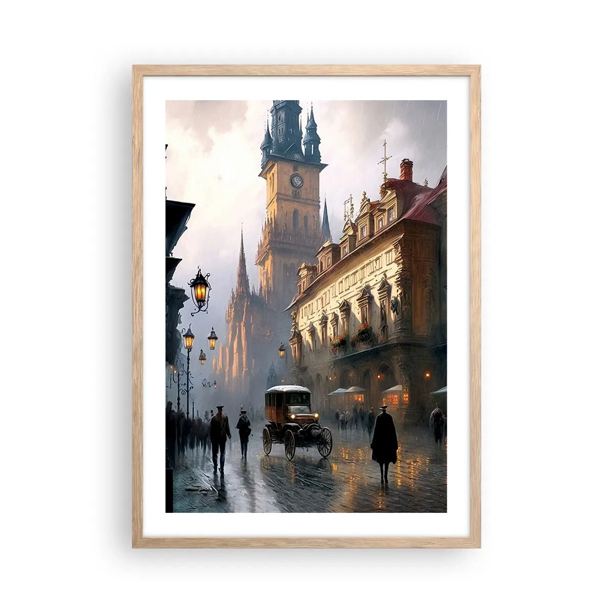 Poster in einem Rahmen aus heller Eiche - Charme eines Prager Abends - 50x70 cm