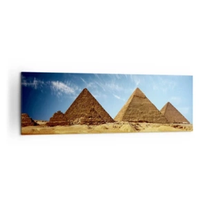 Bild auf Leinwand - Leinwandbild - Die Pyramiden von Gizeh vor blauem Himmel und Wüstenlandschaft - 160x50cm - 40 Jahrhunderte schauen dich an - Moderne Wanddekoration für Wohnzimmer und Schlafzimmer ARTTOR