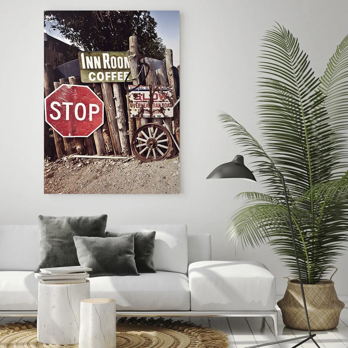 Glasbild - Bild auf glas - Rustikale Dekoration mit Schildern und einem Rad am Zaun - 80x120cm - Und die Zeit ist stehen geblieben - Moderne Wanddekoration für Wohnzimmer und Schlafzimmer ARTTOR