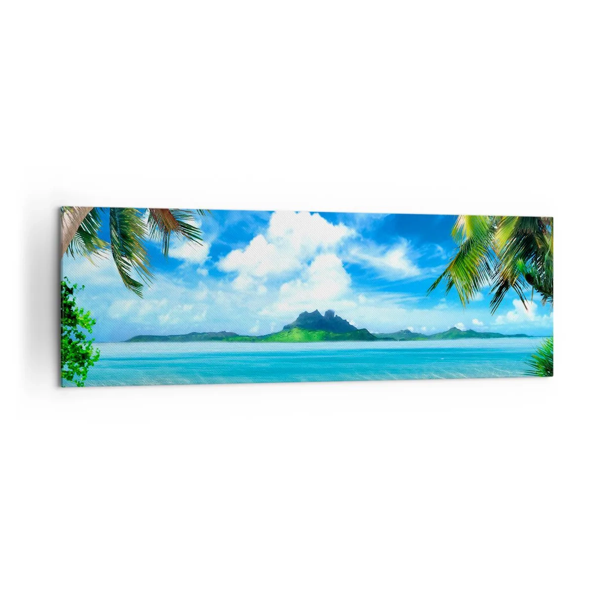 Bild auf Leinwand - Leinwandbild - Tropischer Strand mit Palmen und Blick auf die Insel - 160x50cm - Das Azurblau der Tropen - Moderne Wanddekoration für Wohnzimmer und Schlafzimmer ARTTOR