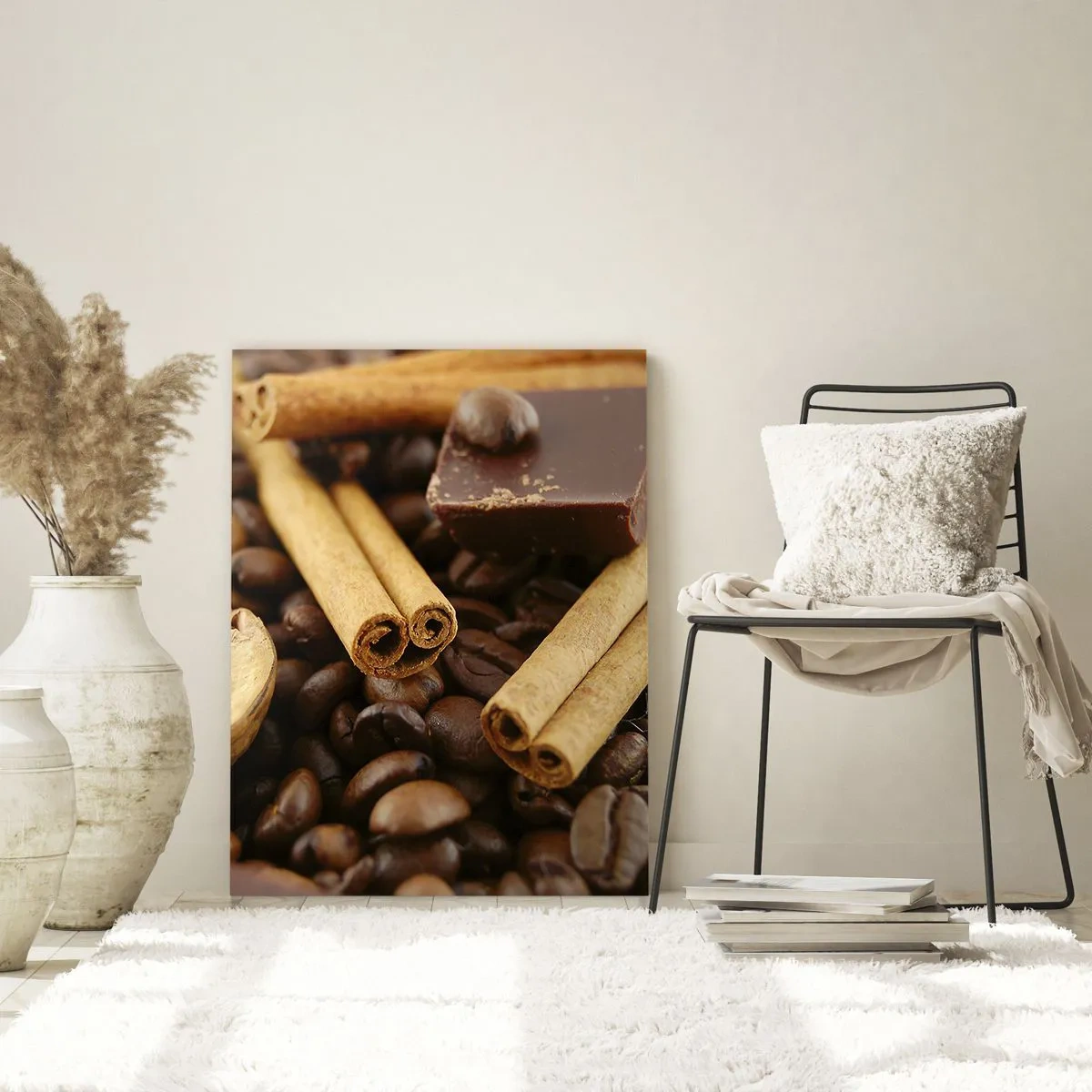 Glasbild - Bild auf glas - Nahaufnahme von Kaffee, Zimt, Schokolade und Walnüssen - 50x70cm - Konzert der Aromen - Moderne Wanddekoration für Wohnzimmer und Schlafzimmer ARTTOR