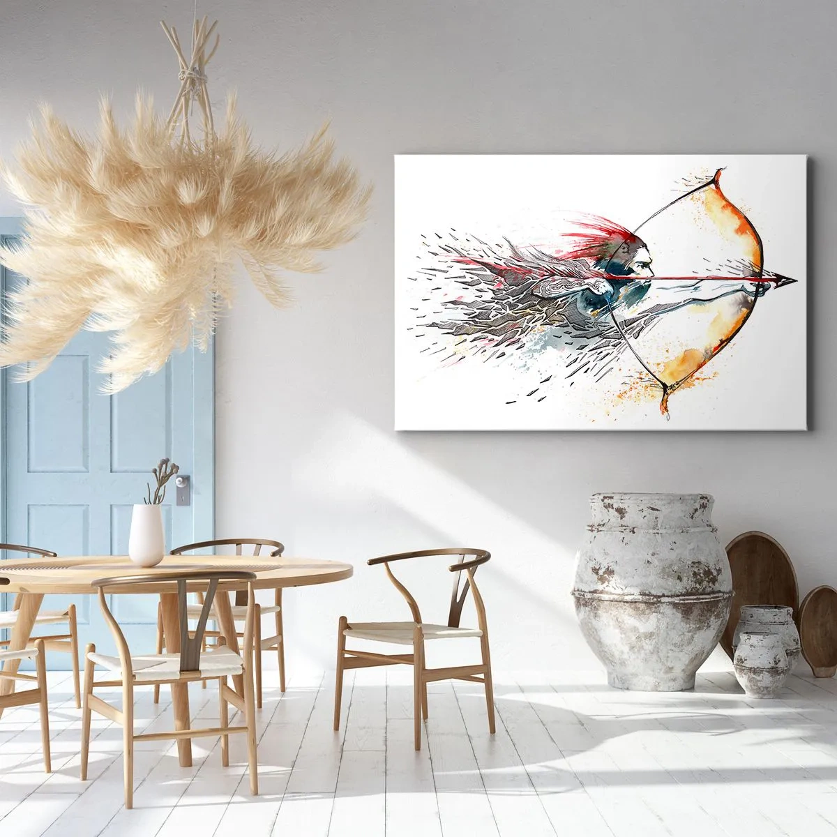 Bild auf Leinwand - Leinwandbild - Dynamisches Aquarell eines Kriegers mit Pfeil und Bogen - 70x50cm - Mythischer Krieger mit feurigem Bogen - Moderne Wanddekoration für Wohnzimmer und Schlafzimmer ARTTOR