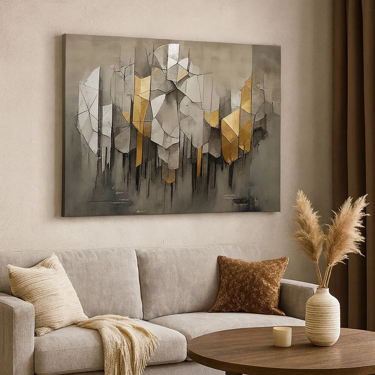 Bild auf Leinwand - Leinwandbild - Geometrische Abstraktion in Gold- und Grautönen - 70x50cm - Komposition aus Eis und Licht - Moderne Wanddekoration für Wohnzimmer und Schlafzimmer ARTTOR