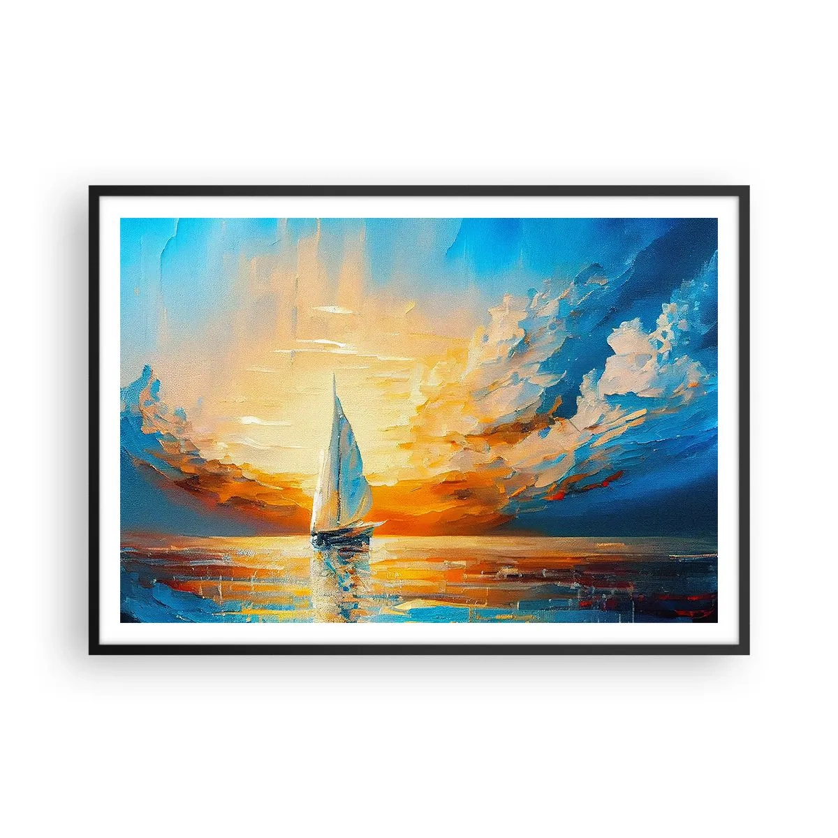 Poster in einem schwarzem Rahmen - Ein Segelboot vor der Kulisse der untergehenden Sonne und bunten Wolken - 100x70cm - In Gold segeln - Moderne Wanddekoration für Wohnzimmer und Schlafzimmer ARTTOR