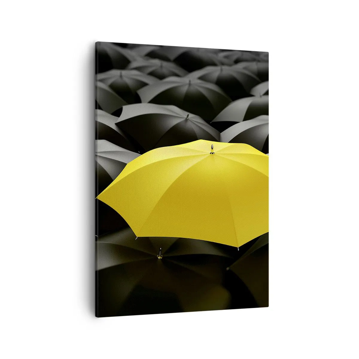 Bild auf Leinwand - Leinwandbild - Ein gelber Regenschirm zwischen schwarzen Regenschirmen - 50x70cm - Auf Wiedersehen Trauer - Moderne Wanddekoration für Wohnzimmer und Schlafzimmer ARTTOR