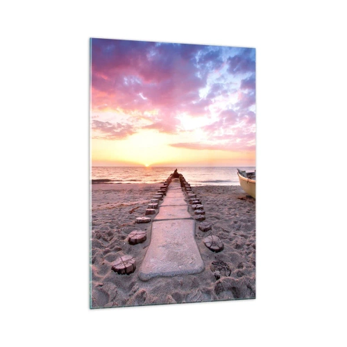 Glasbild - Bild auf glas - Sunrise Beach mit Boot und Pier - 70x100cm - Ein Moment tiefer Erfahrung - Moderne Wanddekoration für Wohnzimmer und Schlafzimmer ARTTOR