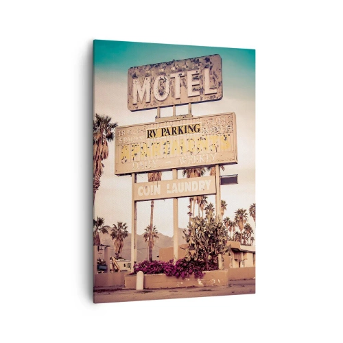 Bild auf Leinwand - Leinwandbild - Retro-Motelschild, umgeben von Palmen - 70x100cm - Hier ist die Zeit stehen geblieben - Moderne Wanddekoration für Wohnzimmer und Schlafzimmer ARTTOR