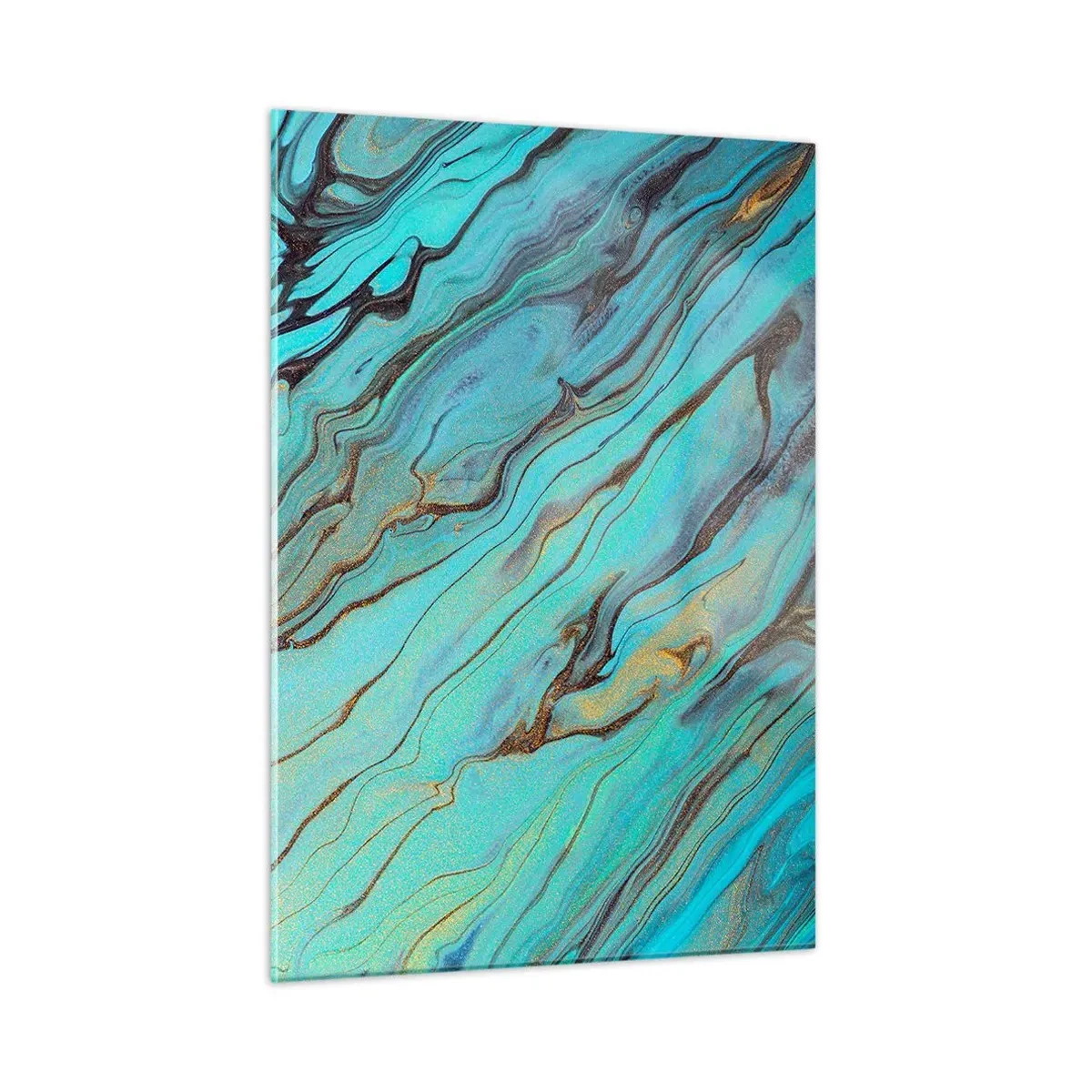 Glasbild - Bild auf glas - Abstrakte Streifen in Türkis und Gold - 50x70cm - Türkisfarbene Flut - Moderne Wanddekoration für Wohnzimmer und Schlafzimmer ARTTOR