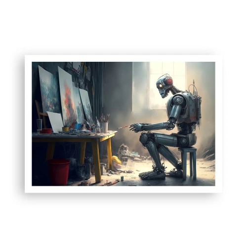 Poster - Ein Roboter malt ein Bild in einem Kunstatelier - 100x70cm - Schöpfungsakt - Moderne Wanddekoration für Wohnzimmer und Schlafzimmer ARTTOR