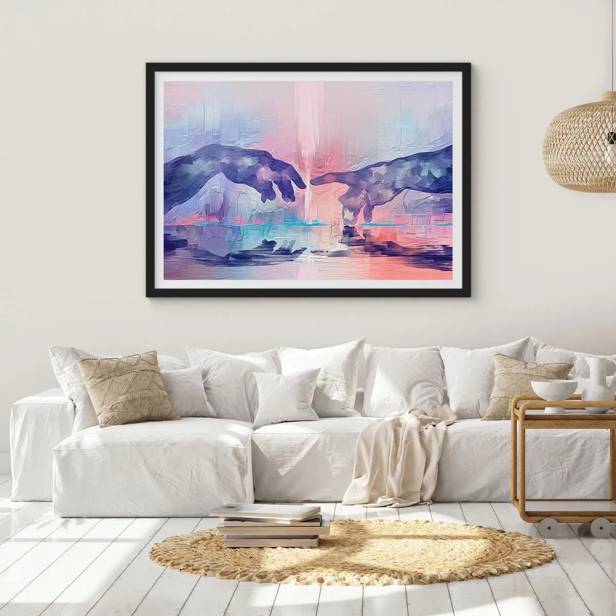 Poster in einem schwarzem Rahmen - Symbolische Hände in abstrakten Farben, die auf das Thema der Schöpfung verweisen - 70x50cm - Göttlicher Funke des Lebens - Moderne Wanddekoration für Wohnzimmer und Schlafzimmer ARTTOR