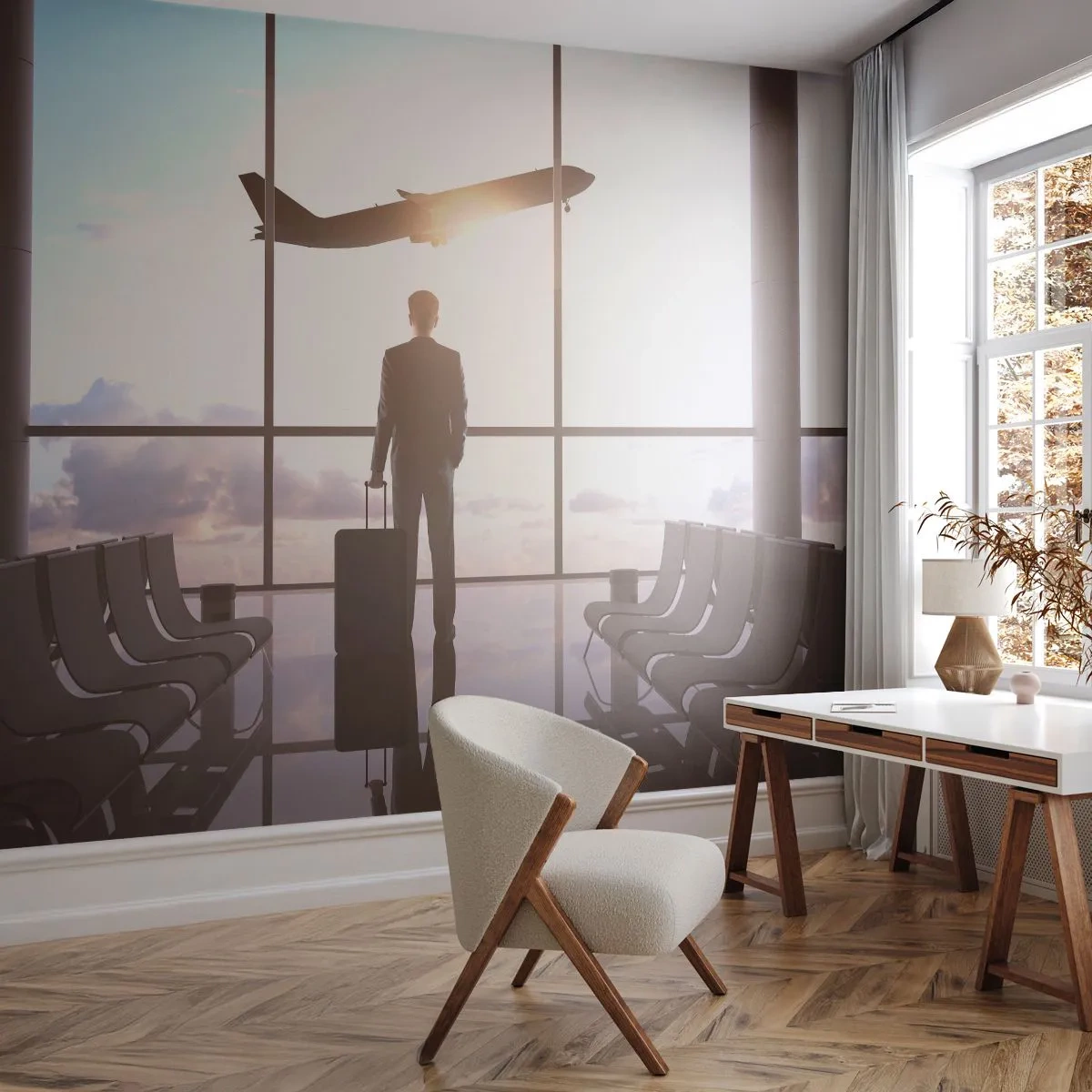 Fototapete Premium Sand - Ein Mann am Flughafen beobachtet den Start eines Flugzeugs - 100x70cm - Du hast Zeit, lass dir Zeit - Moderne Wanddekoration für Wohnzimmer und Schlafzimmer ARTTOR