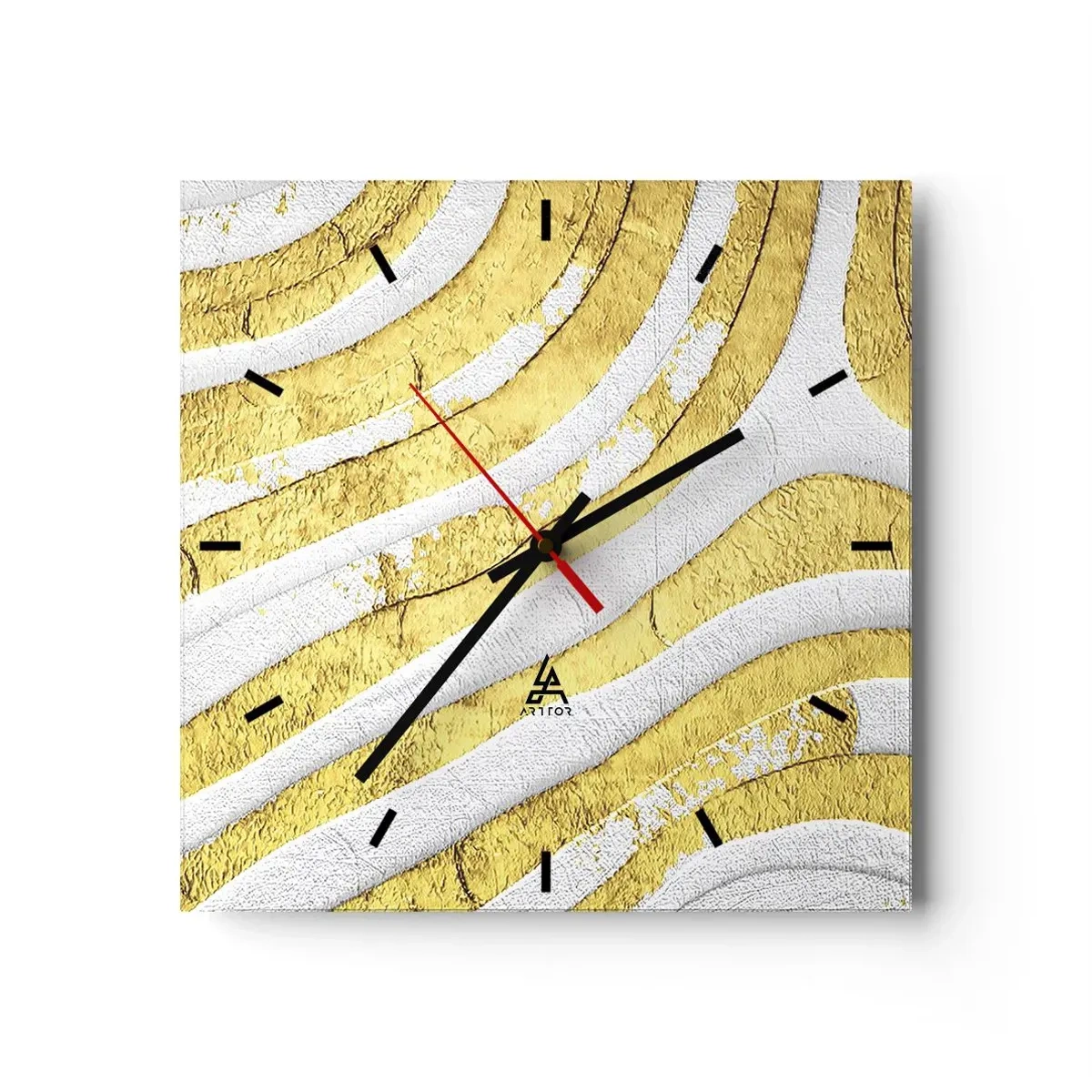 Wanduhr - Glasuhr - Gold- und Weiß-abstrakte Linien in einer 3D-Textur - 30x30cm - Komposition in Weiß und Gold - Moderne Wanddekoration für Wohnzimmer und Schlafzimmer ARTTOR