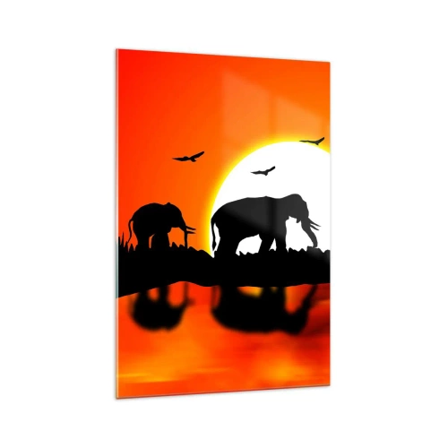 Glasbild - Bild auf glas - Silhouetten von Elefanten bei Sonnenuntergang über dem Wasser mit Reflexion - 70x100cm - Und abends einen kleinen Drink trinken - Moderne Wanddekoration für Wohnzimmer und Schlafzimmer ARTTOR