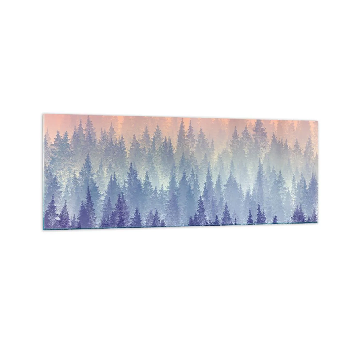 Glasbild - Bild auf glas - Ein nebliger Wald in Lila- und Orangetönen - 140x50cm - Hoch, höher, zum Himmel - Moderne Wanddekoration für Wohnzimmer und Schlafzimmer ARTTOR