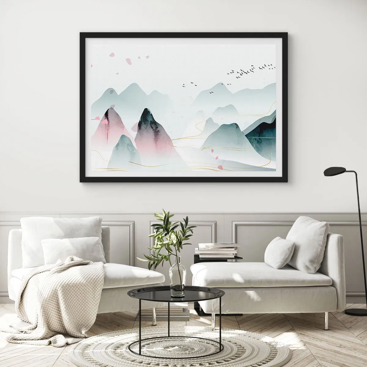 Poster in einem schwarzem Rahmen - Abstrakte Berge in Pastelltönen - 100x70cm - Über die Gipfel - Moderne Wanddekoration für Wohnzimmer und Schlafzimmer ARTTOR