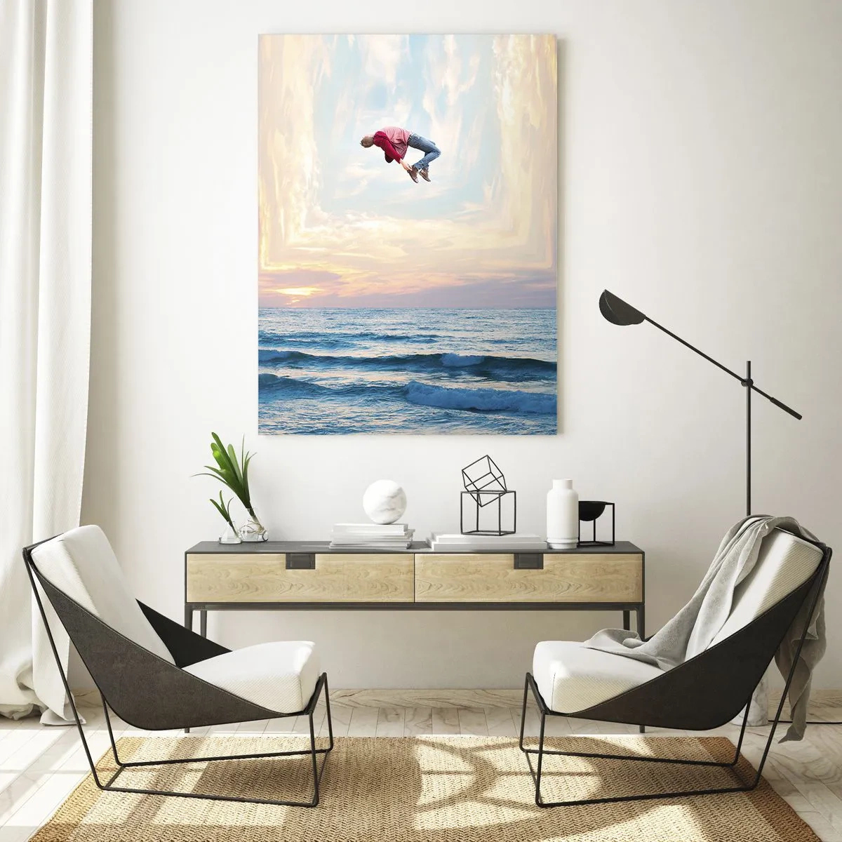 Glasbild - Bild auf glas - Ein Mann springt über das Meer in einem surrealistischen Rahmen - 50x70cm - In eine andere Dimension - Moderne Wanddekoration für Wohnzimmer und Schlafzimmer ARTTOR