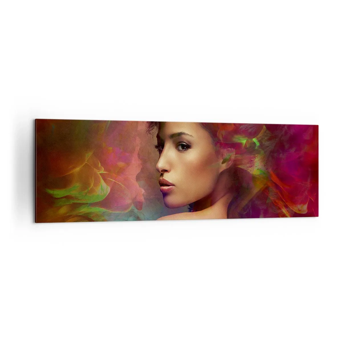 Bild auf Leinwand - Leinwandbild - Eine Frau mit bunten Reflexionen, die einen abstrakten Hintergrund erzeugen - 160x50cm - Schöner als ein Regenbogen, so zart wie ein Nebel - Moderne Wanddekoration für Wohnzimmer und Schlafzimmer ARTTOR