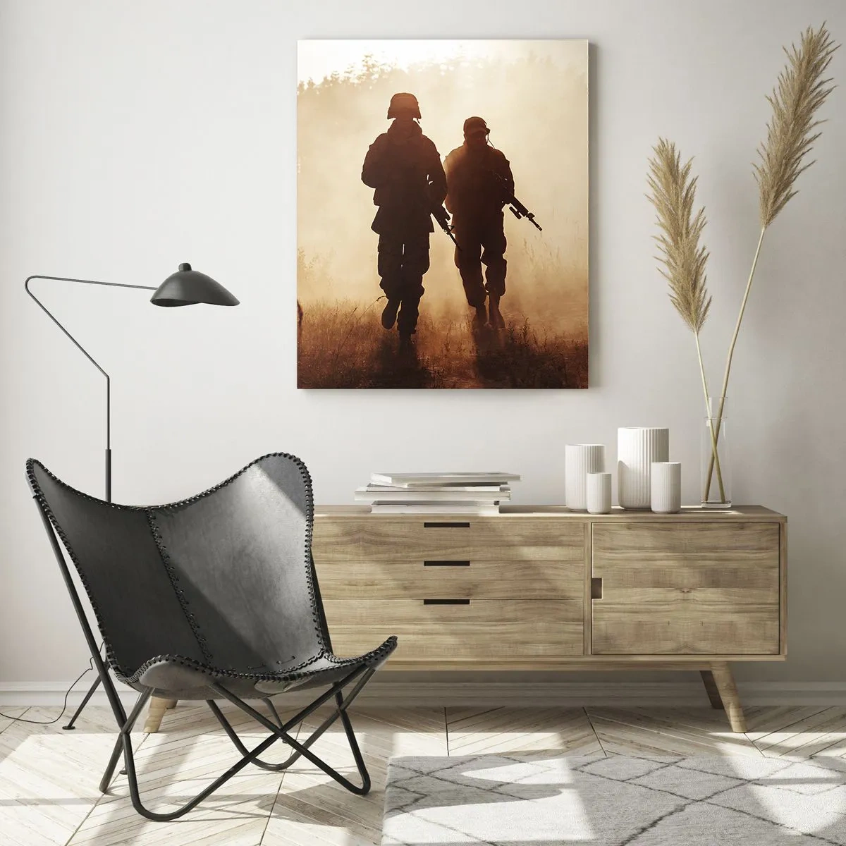 Glasbild - Bild auf glas - Zwei Soldaten im Einsatz vor der Kulisse der untergehenden Sonne - 50x70cm - Ruf der Pflicht - Moderne Wanddekoration für Wohnzimmer und Schlafzimmer ARTTOR