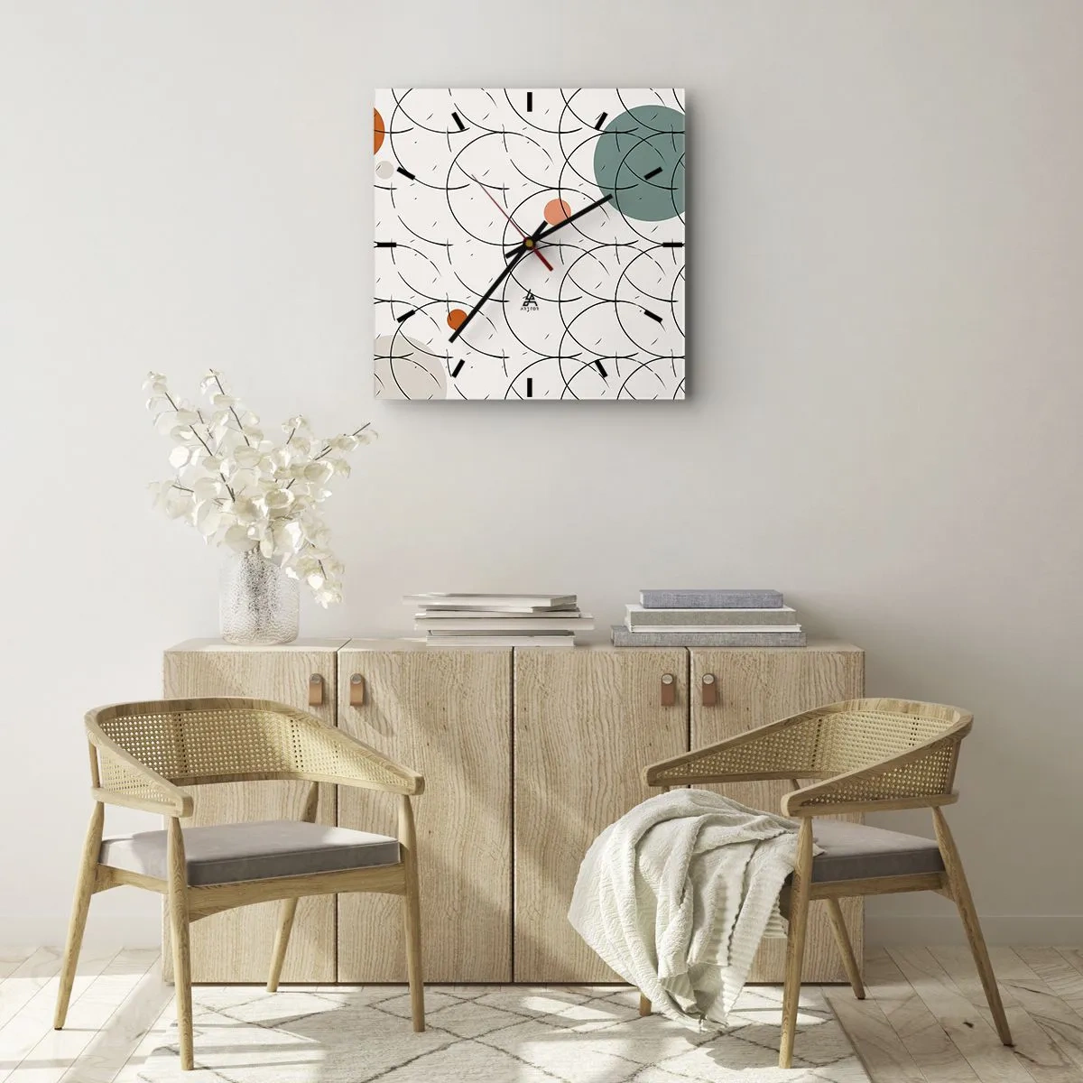 Wanduhr - Glasuhr - Geometrisches Muster mit bunten Kreisen auf hellem Hintergrund - 30x30cm - Im Pop-Art-Geist - Moderne Wanddekoration für Wohnzimmer und Schlafzimmer ARTTOR