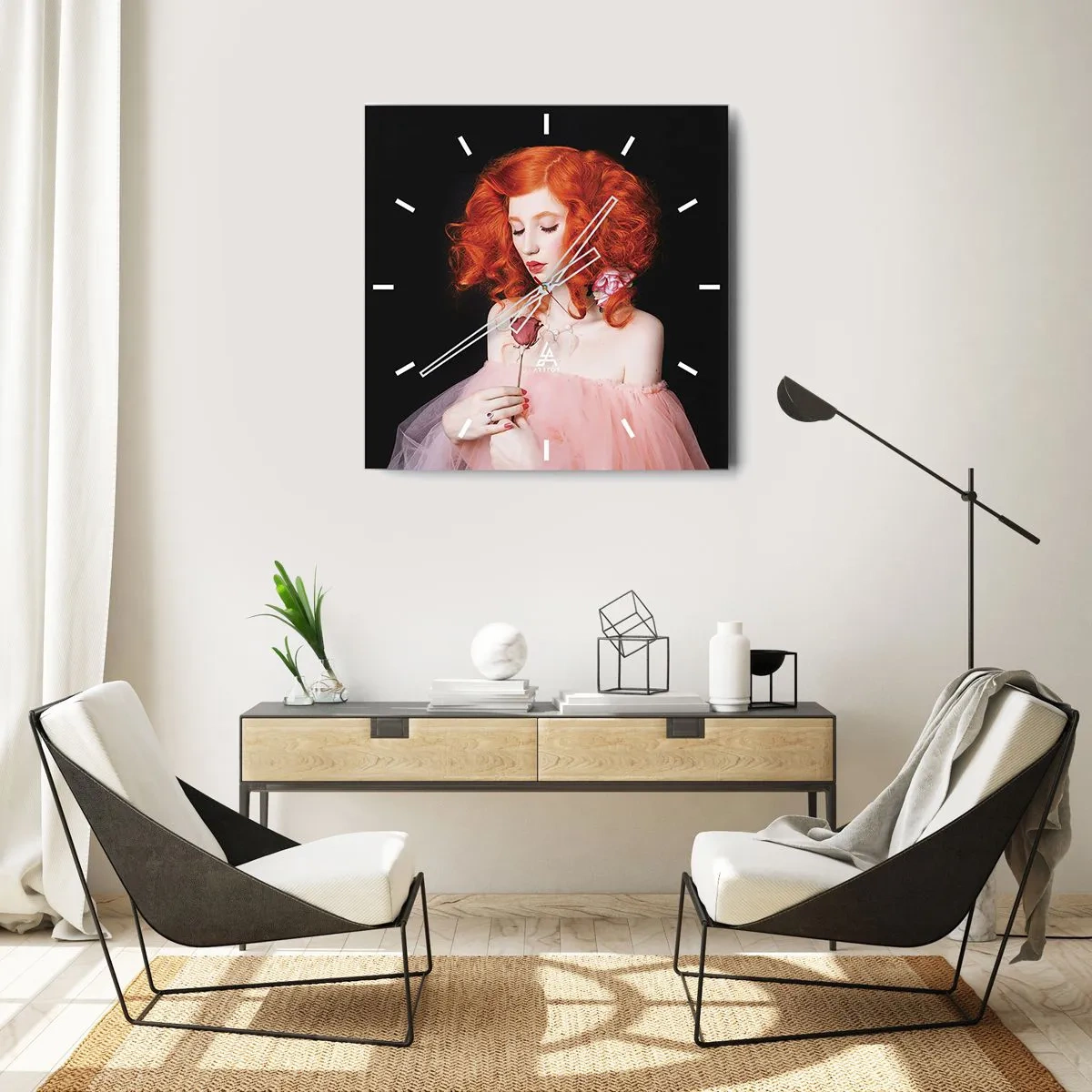 Wanduhr - Glasuhr - Eine Frau mit roten Haaren hält eine Rose - 30x30cm - Im barocken Stil - Moderne Wanddekoration für Wohnzimmer und Schlafzimmer ARTTOR