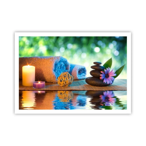 Poster - Entspannendes SPA-Set mit Handtüchern, Kerzen und Steinen - 100x70cm - Zeit für den Körper - Moderne Wanddekoration für Wohnzimmer und Schlafzimmer ARTTOR