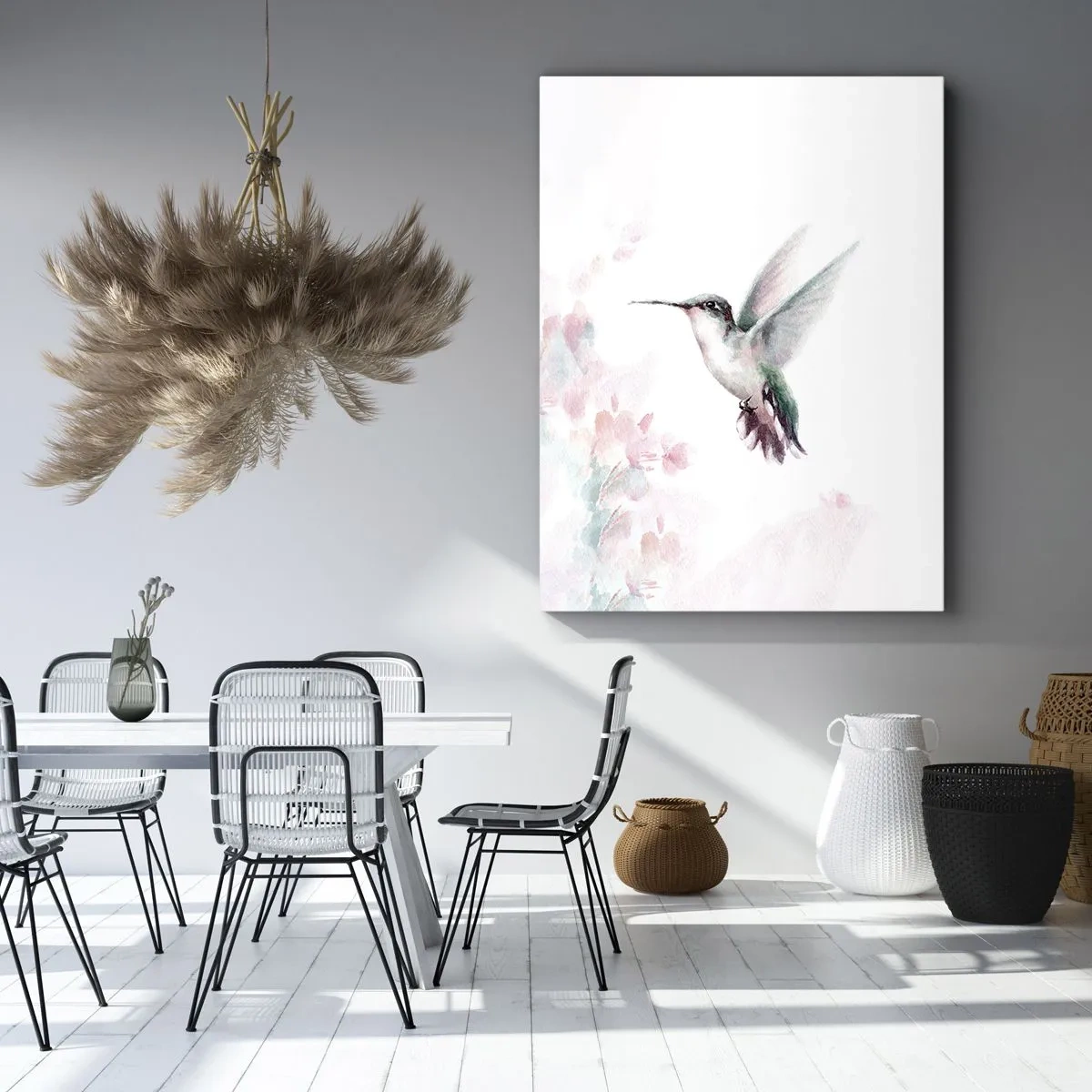 Bild auf Leinwand - Leinwandbild - Ein Kolibri in zarten Pastellfarben vor einem Hintergrund aus Blumen - 50x70cm - Im Flattern gehalten - Moderne Wanddekoration für Wohnzimmer und Schlafzimmer ARTTOR