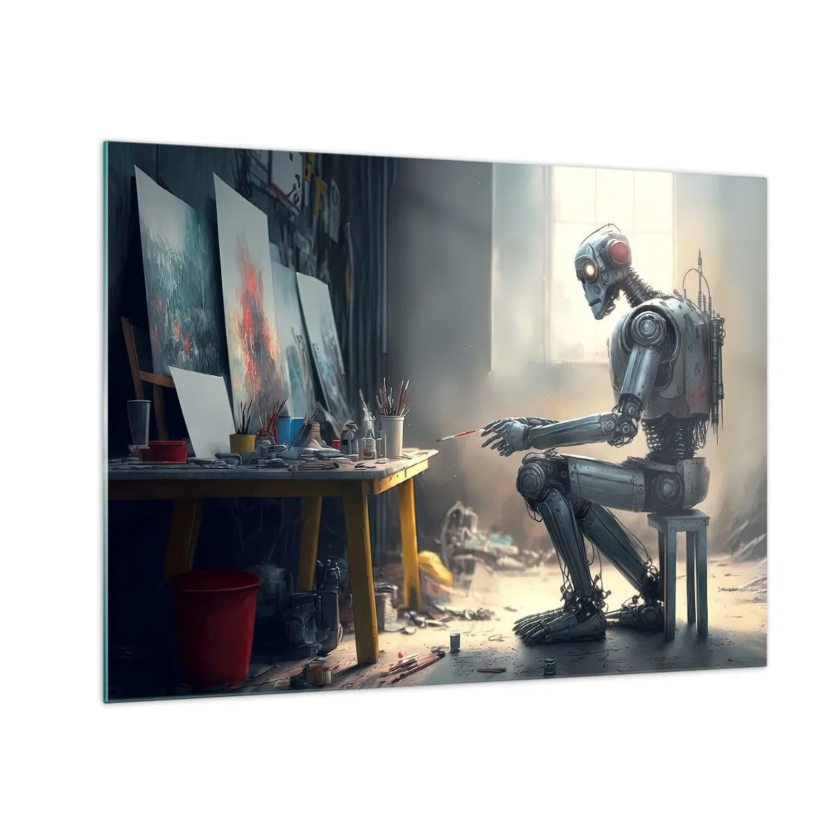 Glasbild - Bild auf glas - Ein Roboter, der in einem Kunstatelier Bilder malt - 70x50cm - Schöpfungsakt - Moderne Wanddekoration für Wohnzimmer und Schlafzimmer ARTTOR